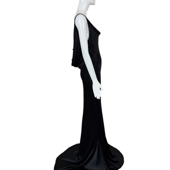 LES HABITUDES 2016 Black Liquid Silk Cowl Evening Gown Lace Maxi Dress - Picture 3 of 9